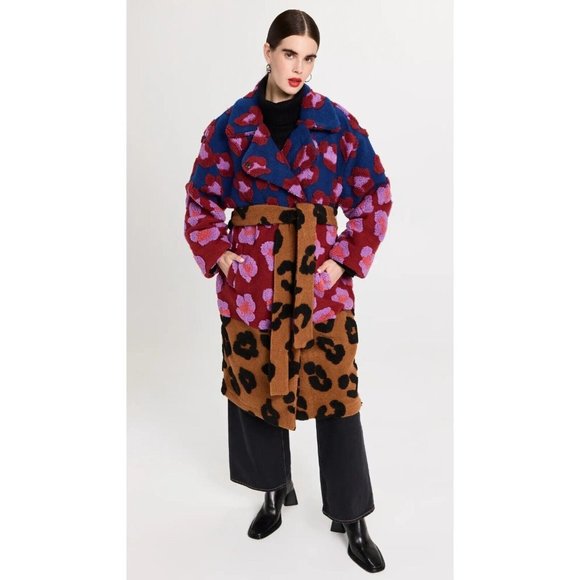 FARM Rio Coat L Mixed Leopards Fleece Coat Pink Multi Belted Cozy - Picture 13 of 15